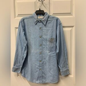 NWT blue denim blouse shirt jacket Swarovski crystals nailhead rayburst